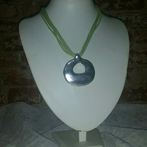 Lime Green cord silver circle necklace 16 in